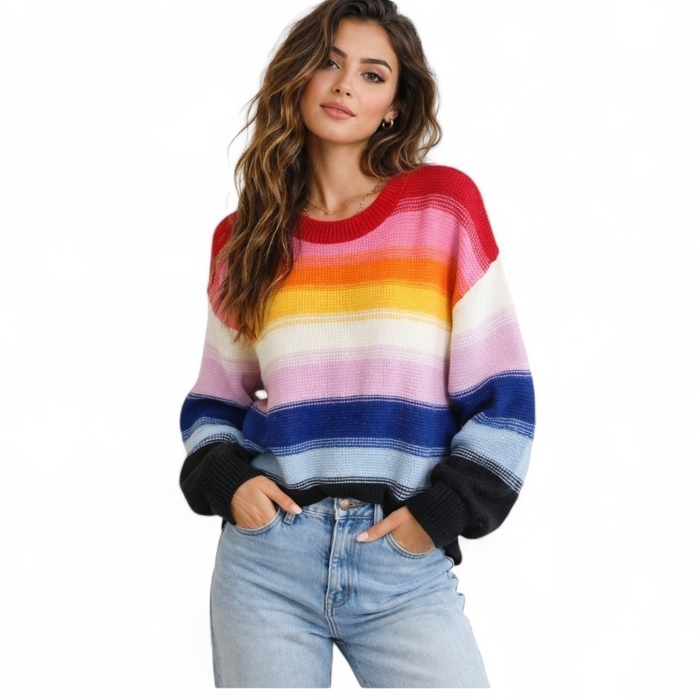 Old Navy Womens Rainbow Striped Crewneck Sweater Multi Color Knit Large L New - Picture 3 of 14